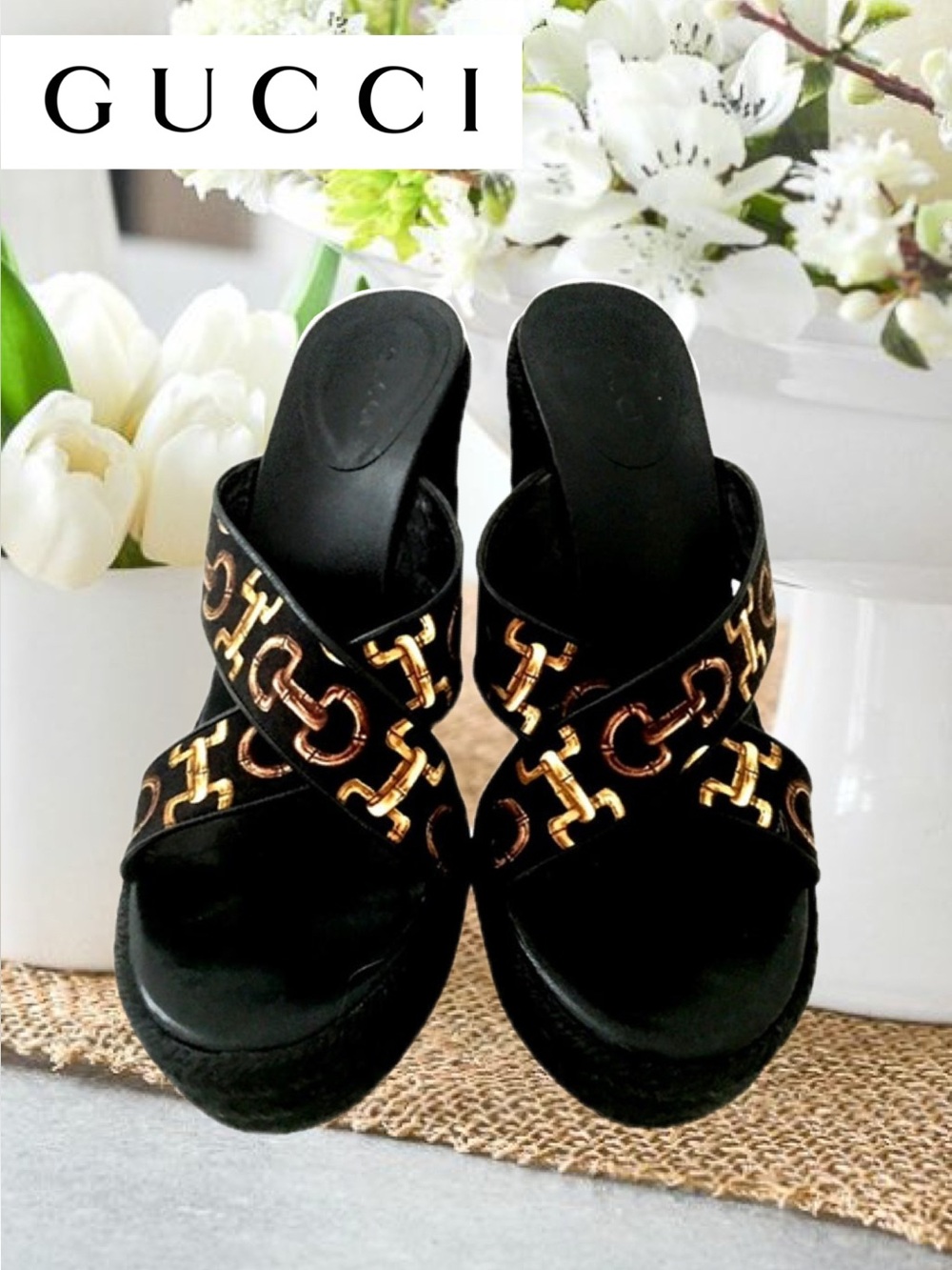 AUTHENTIC GUCCI Y2K VINTAGE HORSEBIT WEDGE SANDALS